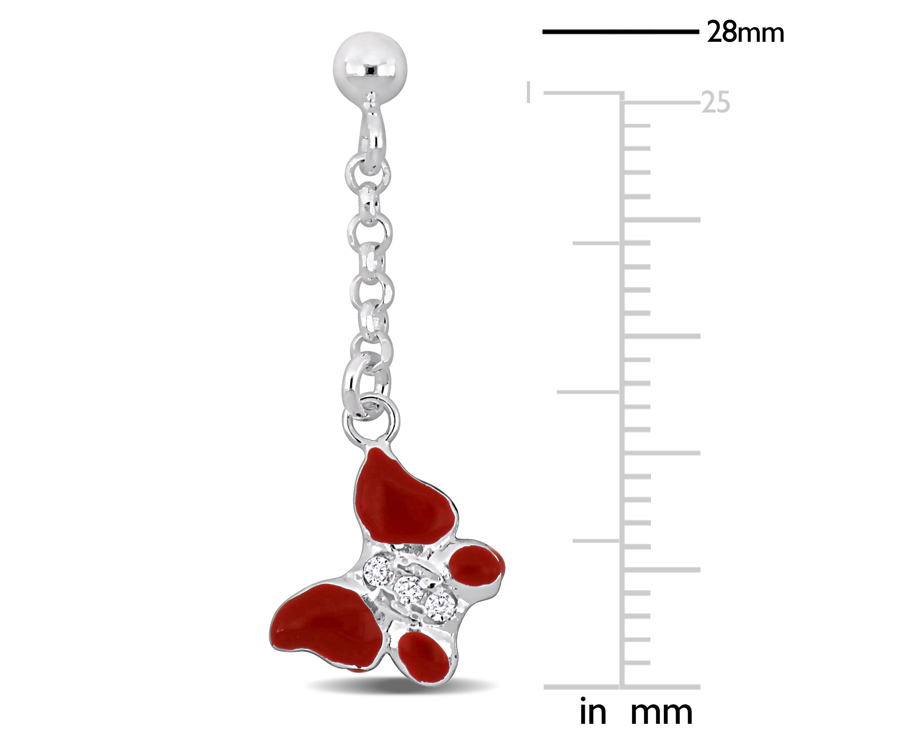Children Red Enamel Butterfly with Cubic Zirconia Accent Drop Earrings in Sterling silver