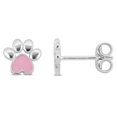 Haylee Jewels Children Pink Enamel Paw Stud Earrings in Sterling Silver, White