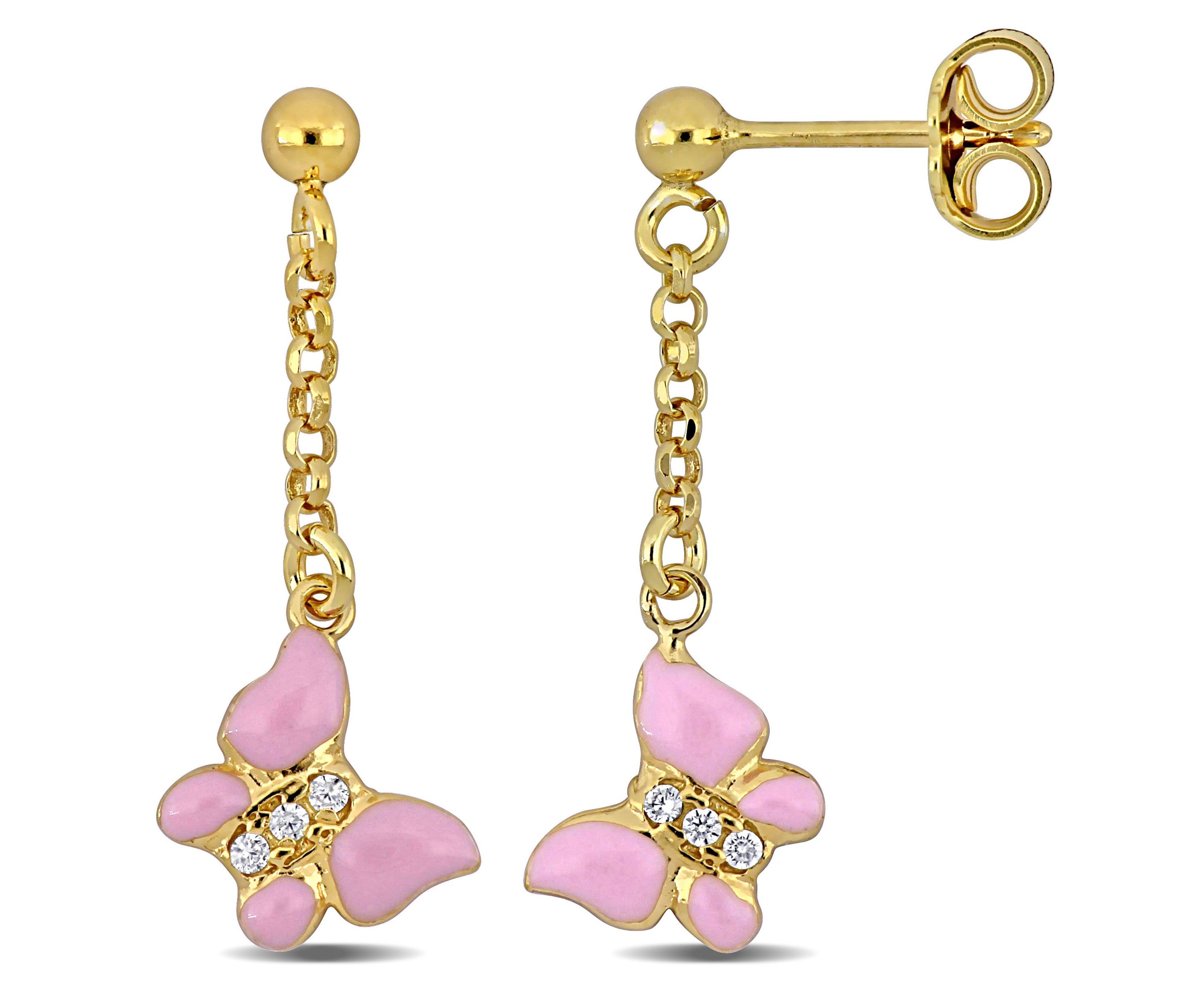 Children Cubic Zirconia Pink Enamel Butterfly Drop Earrings in Sterling Silver