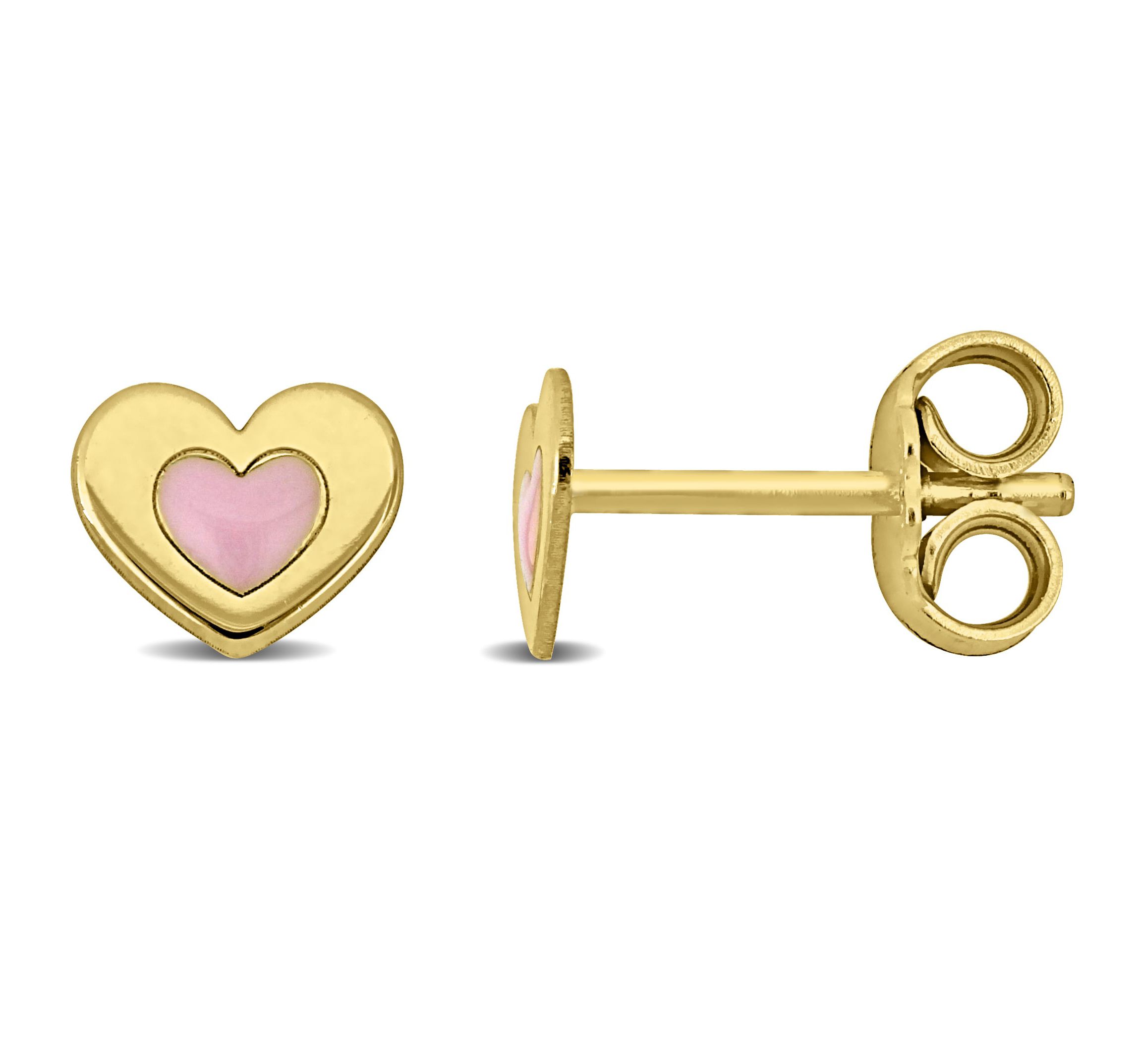 Children Pink Enamel Heart Stud Earrings in Yellow Plated Sterling Silver