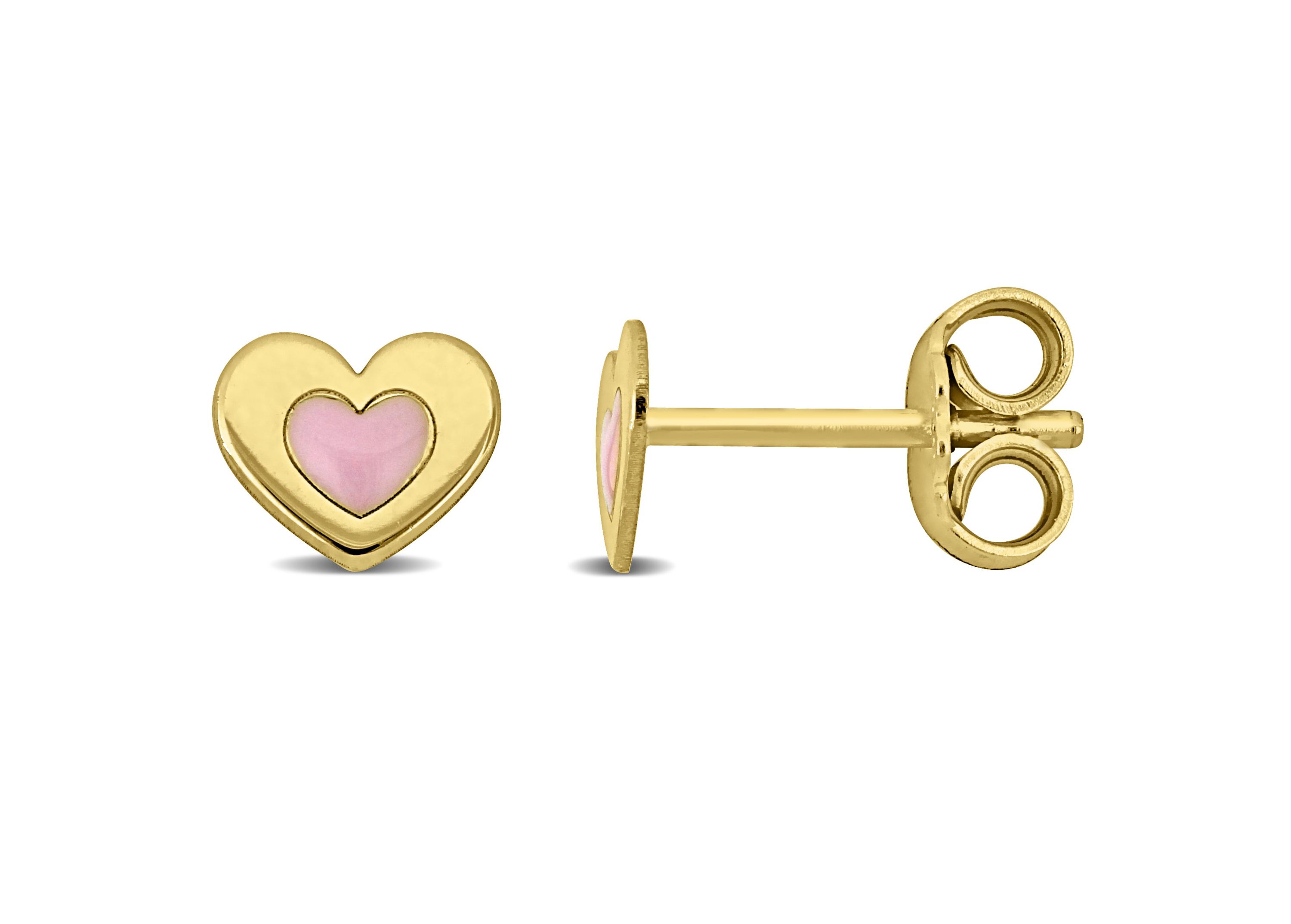 Children Pink Enamel Heart Stud Earrings in Yellow Plated Sterling Silver