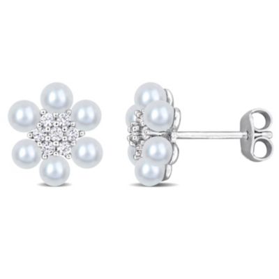 Belk & Co Lab Created 3-3.5MM Freshwater Cultured Pearl and White Sapphire Flower Cluster Stud Earrings in Sterling Silver