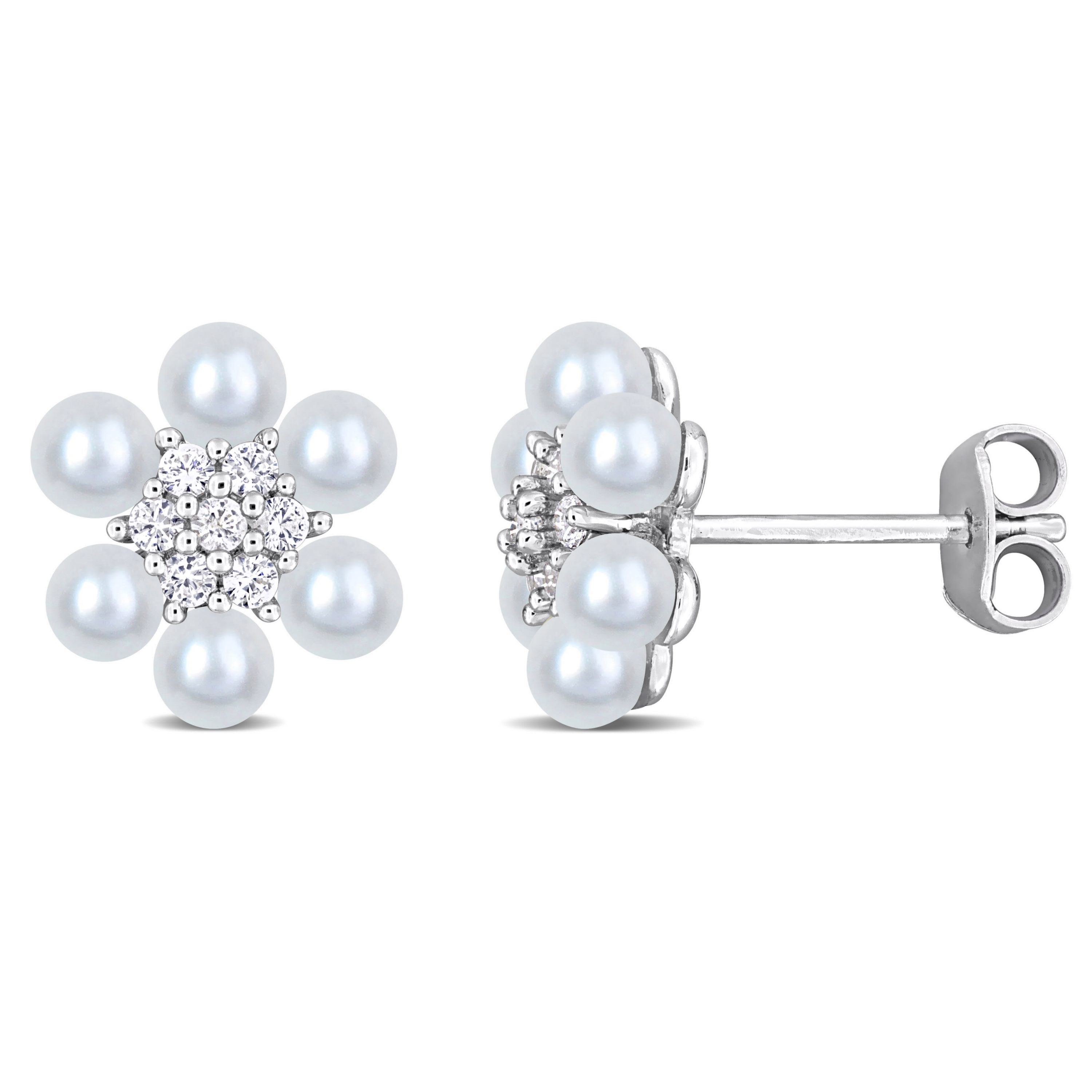 Lab Created 3-3.5MM Freshwater Cultured Pearl and Created White Sapphire Flower Cluster Stud Earrings in Sterling Silver