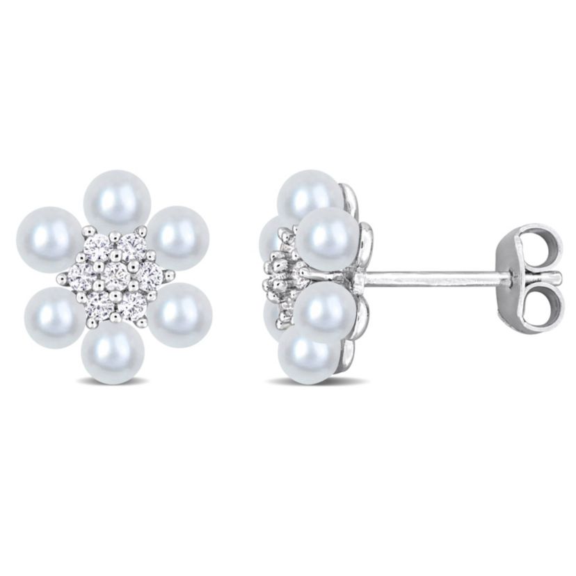 Lab Created 3-3.5MM Freshwater Cultured Pearl and Created White Sapphire Flower Cluster Stud Earrings in Sterling Silver