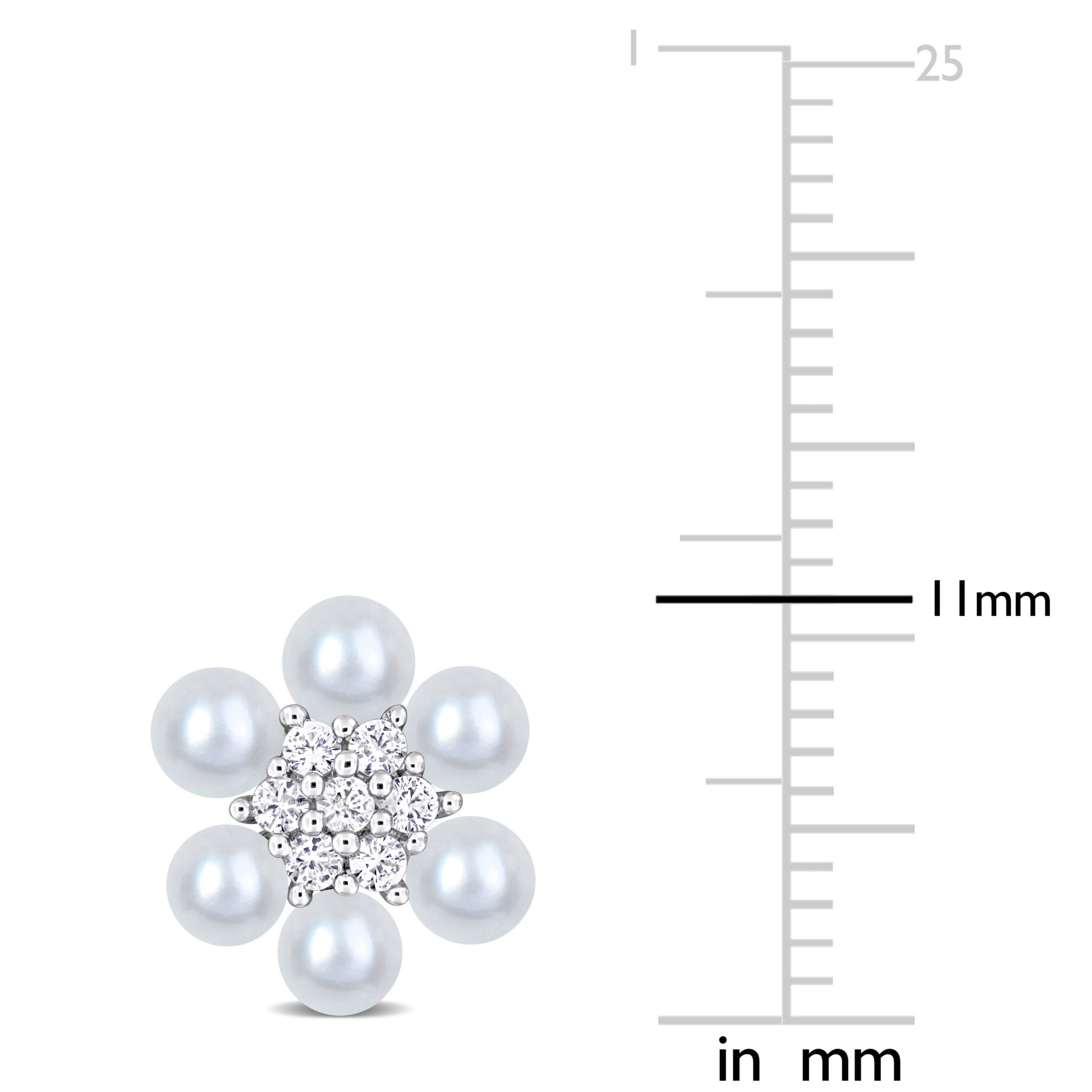 Lab Created 3-3.5MM Freshwater Cultured Pearl and Created White Sapphire Flower Cluster Stud Earrings in Sterling Silver