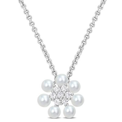 Belk & Co Lab Created 3-3.5MM Freshwater Cultured Pearl and White Sapphire Flower Cluster Pendant with Chain in Sterling Silver