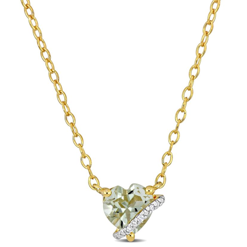 Green Quartz and Diamond Accent Heart Pendant with Chain in Yellow Plated Sterling Silver