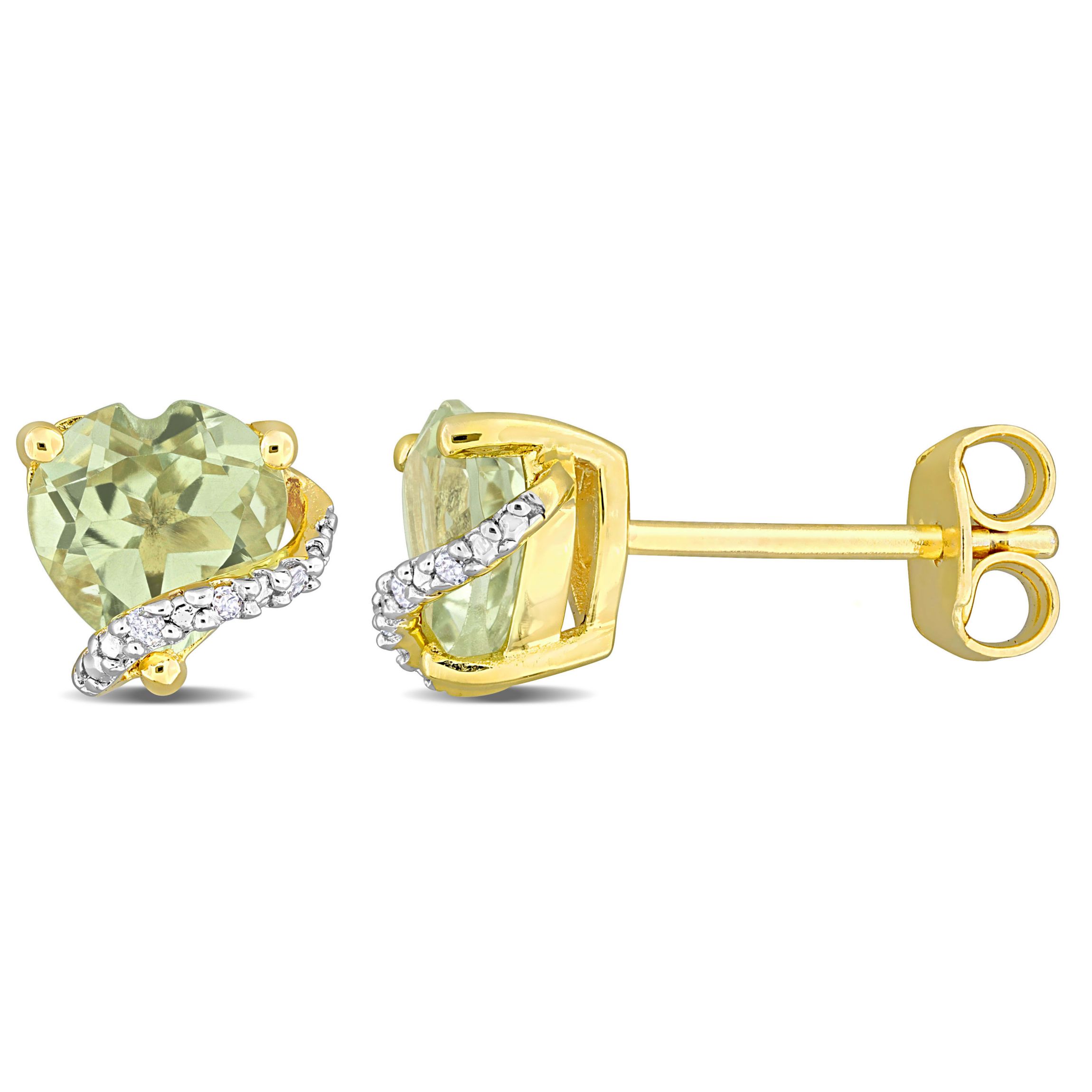 Green Quartz and Diamond Accent Stud Earrings in Yellow Plated Sterling Silver