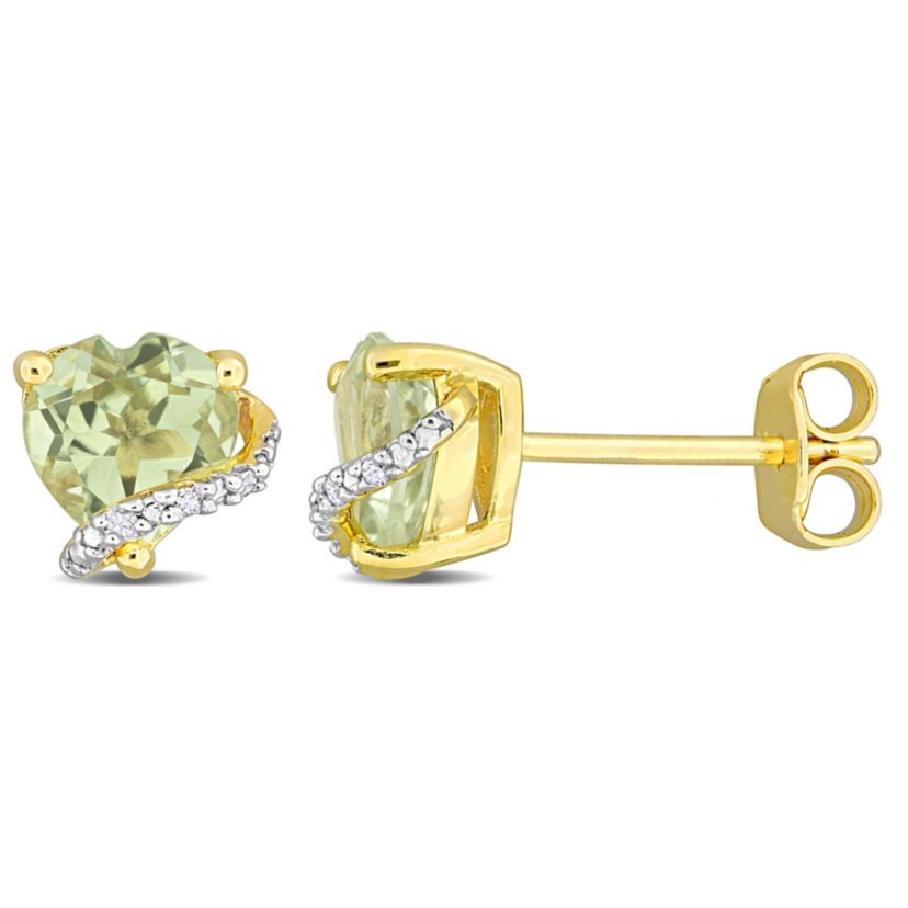 Green Quartz and Diamond Accent Stud Earrings in Yellow Plated Sterling Silver