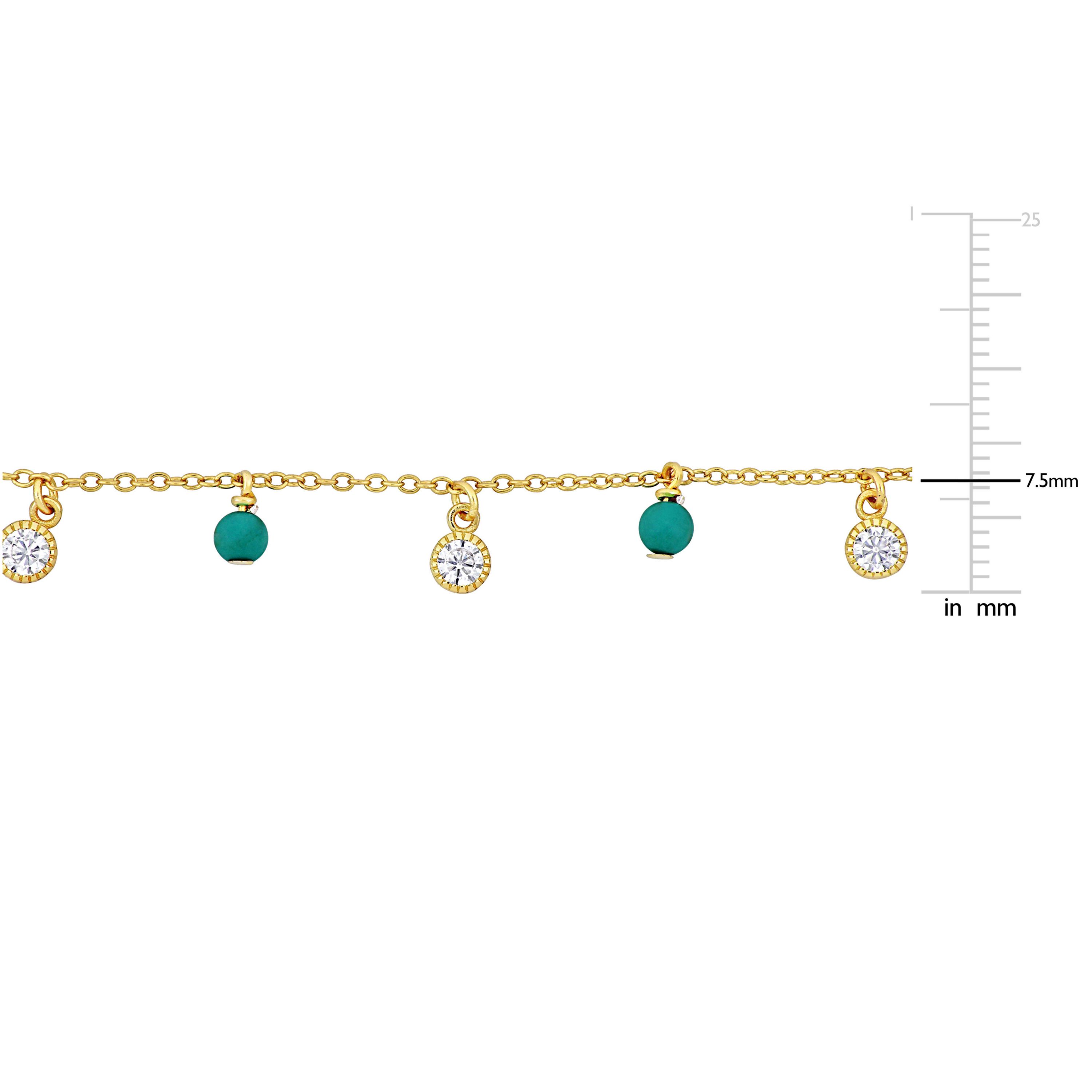 Cubic Zirconia and Turquoise Color Bead Necklace Yellow Plated Sterling Silver