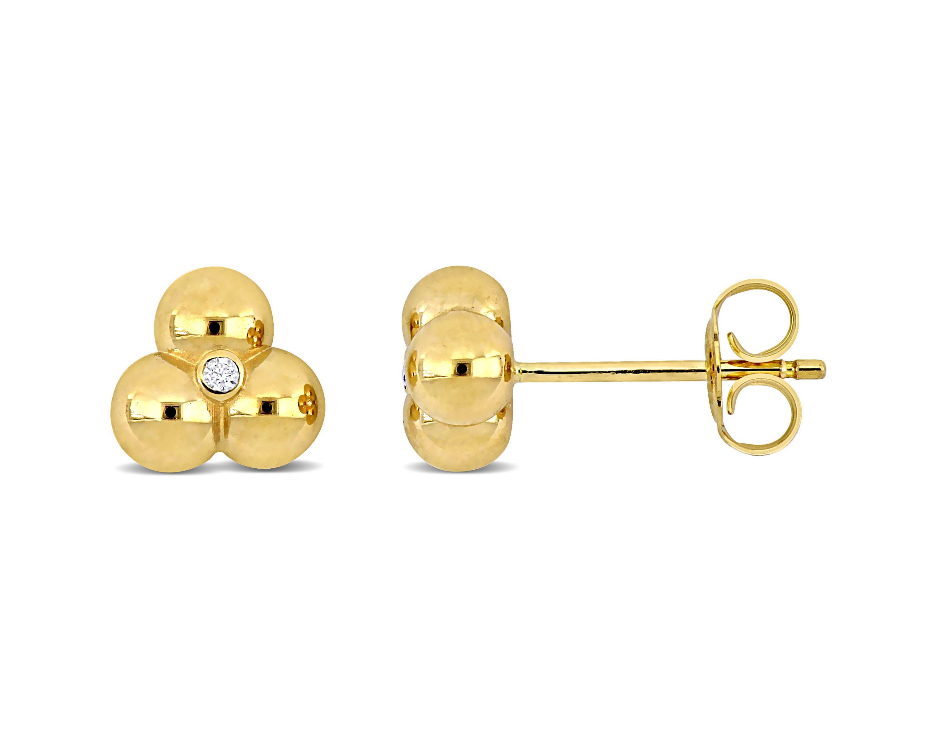 Diamond Accent Triple Beads Stud Earrings in 14K Yellow Gold
