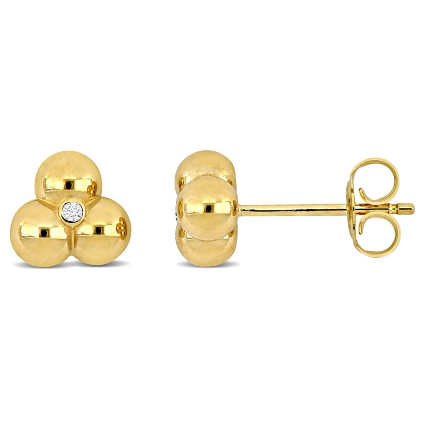 Diamond Accent Triple Beads Stud Earrings in 14K Yellow Gold