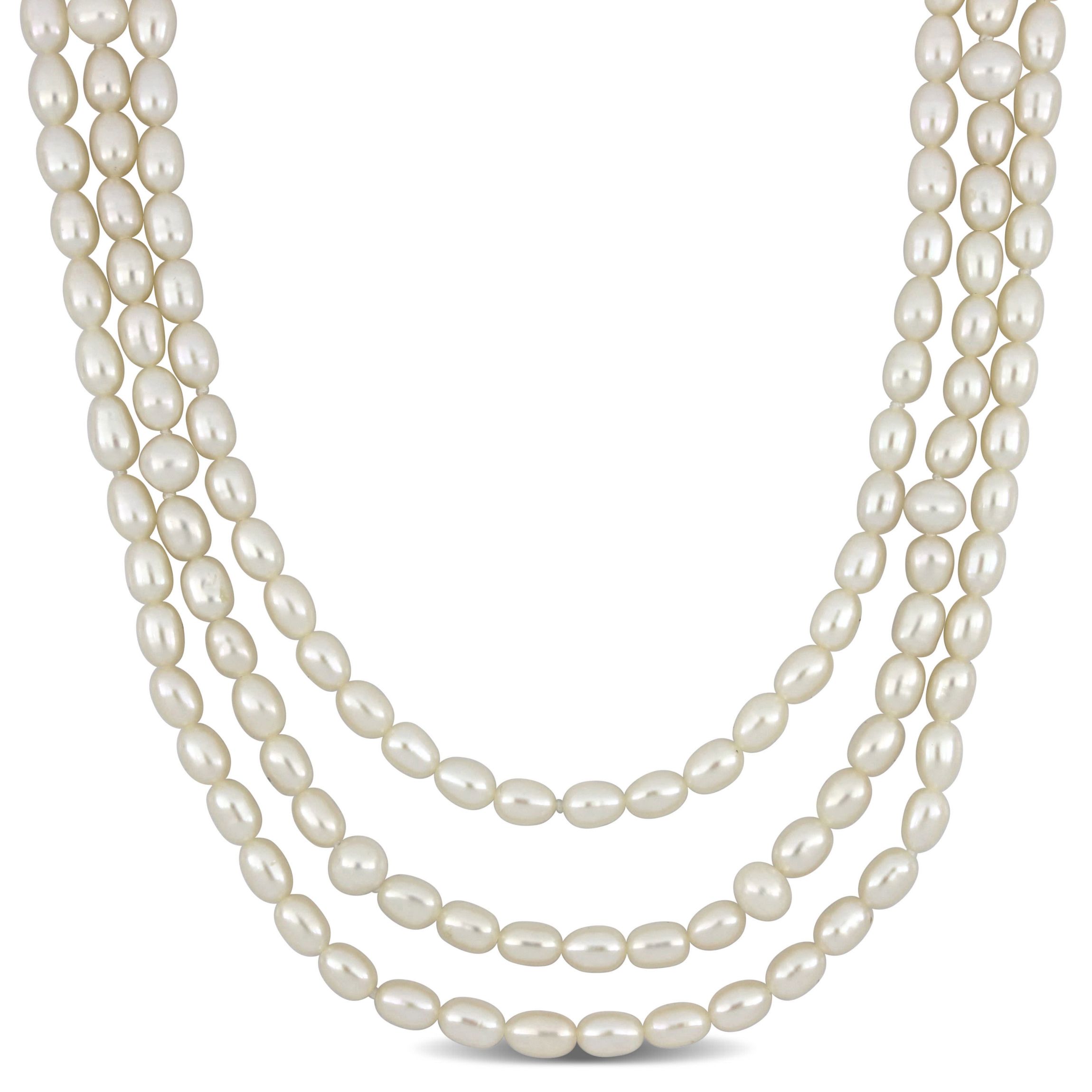 5-7.5mm Freshwater Cultured Pearl 3-Strand Necklace in Sterling Silver