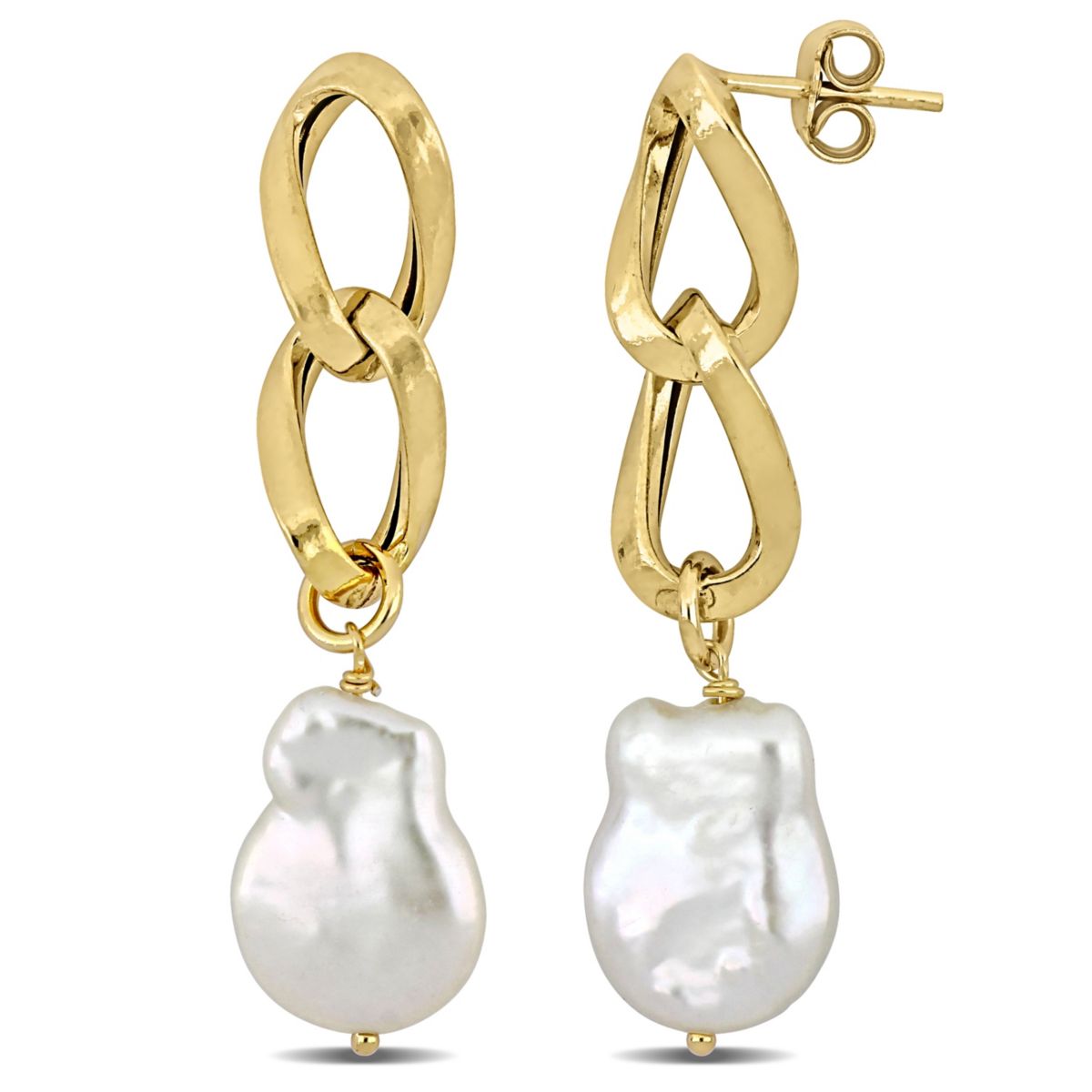 12-13MM Freshwater Cultured Pearl Double Link Drop Earrings in Yellow Plated Sterling Silver