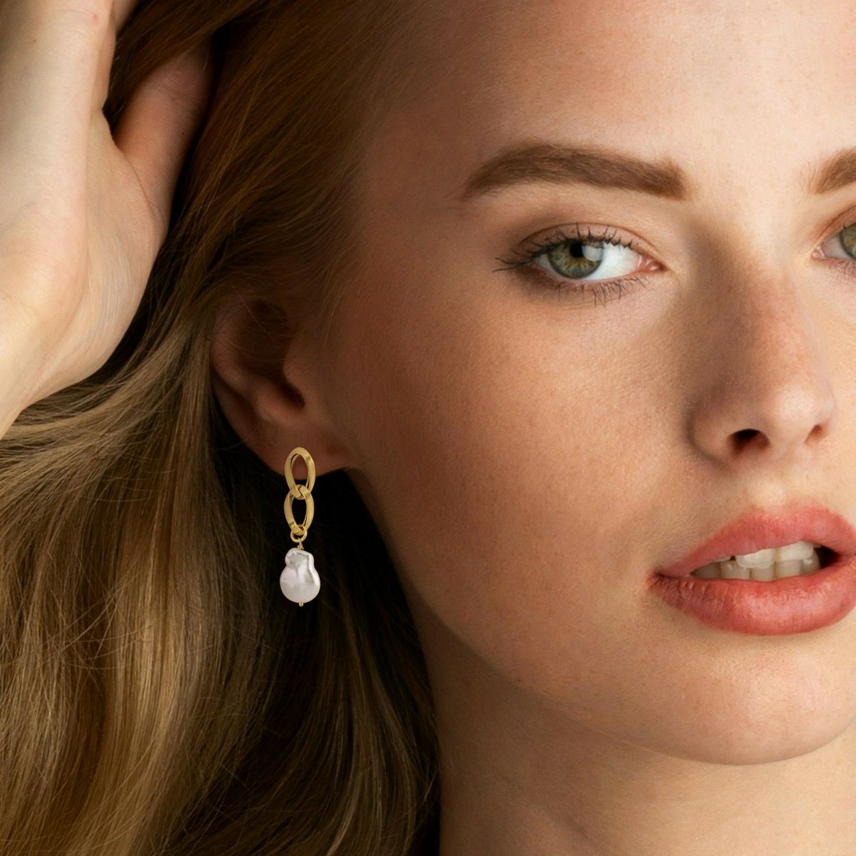 12-13MM Freshwater Cultured Pearl Double Link Drop Earrings in Yellow Plated Sterling Silver