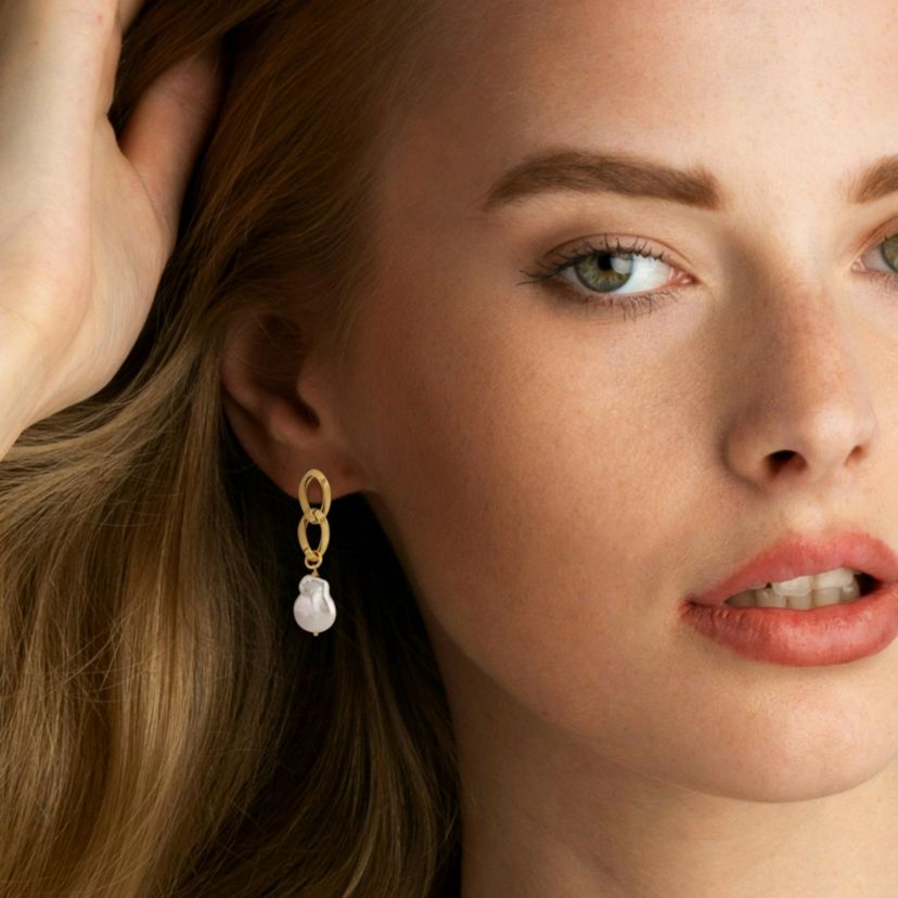 12-13MM Freshwater Cultured Pearl Double Link Drop Earrings in Yellow Plated Sterling Silver