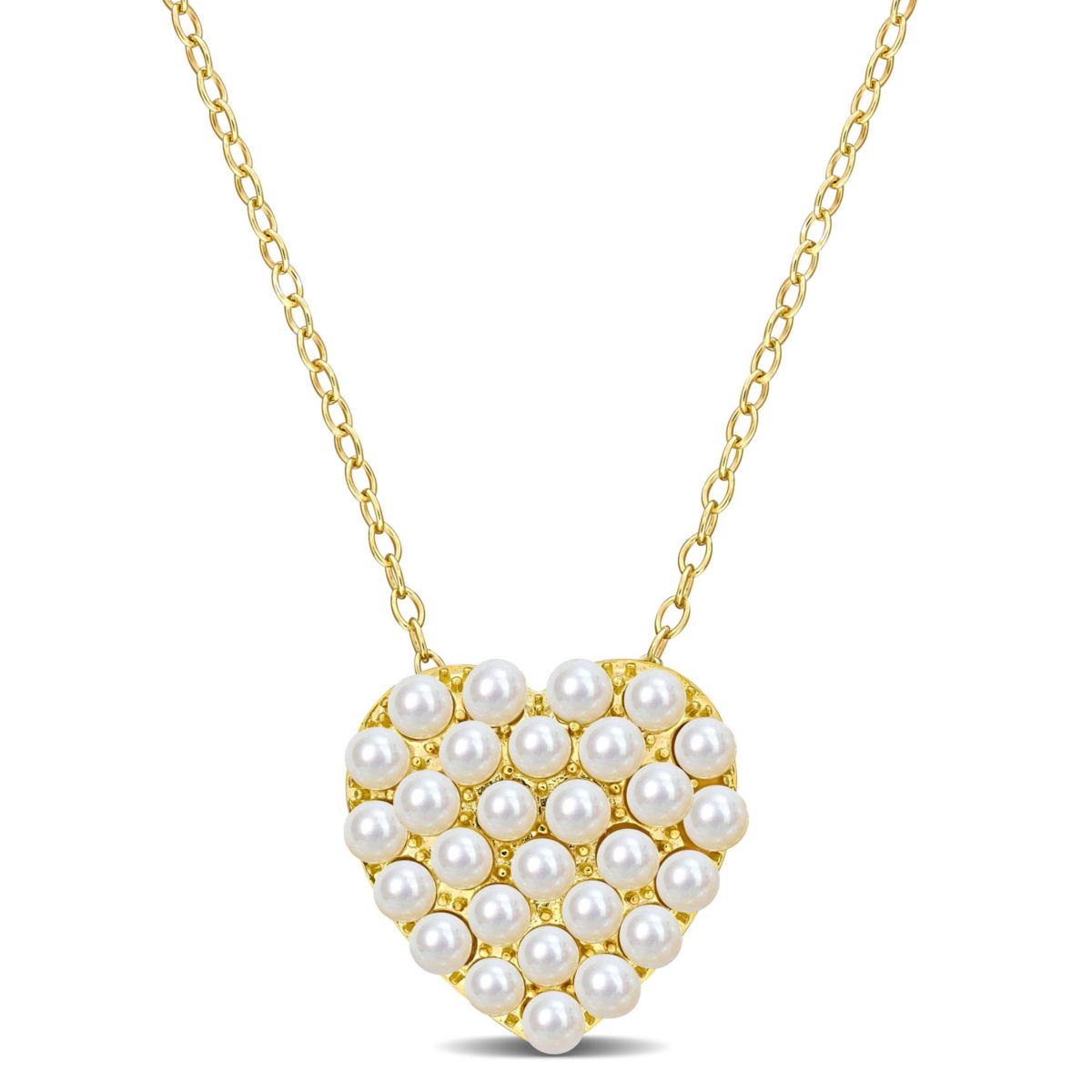 2-2.5mm Freshwater Cultured Pearl Trendy Heart Pendant with Chain in Yellow Plated Sterling Silver