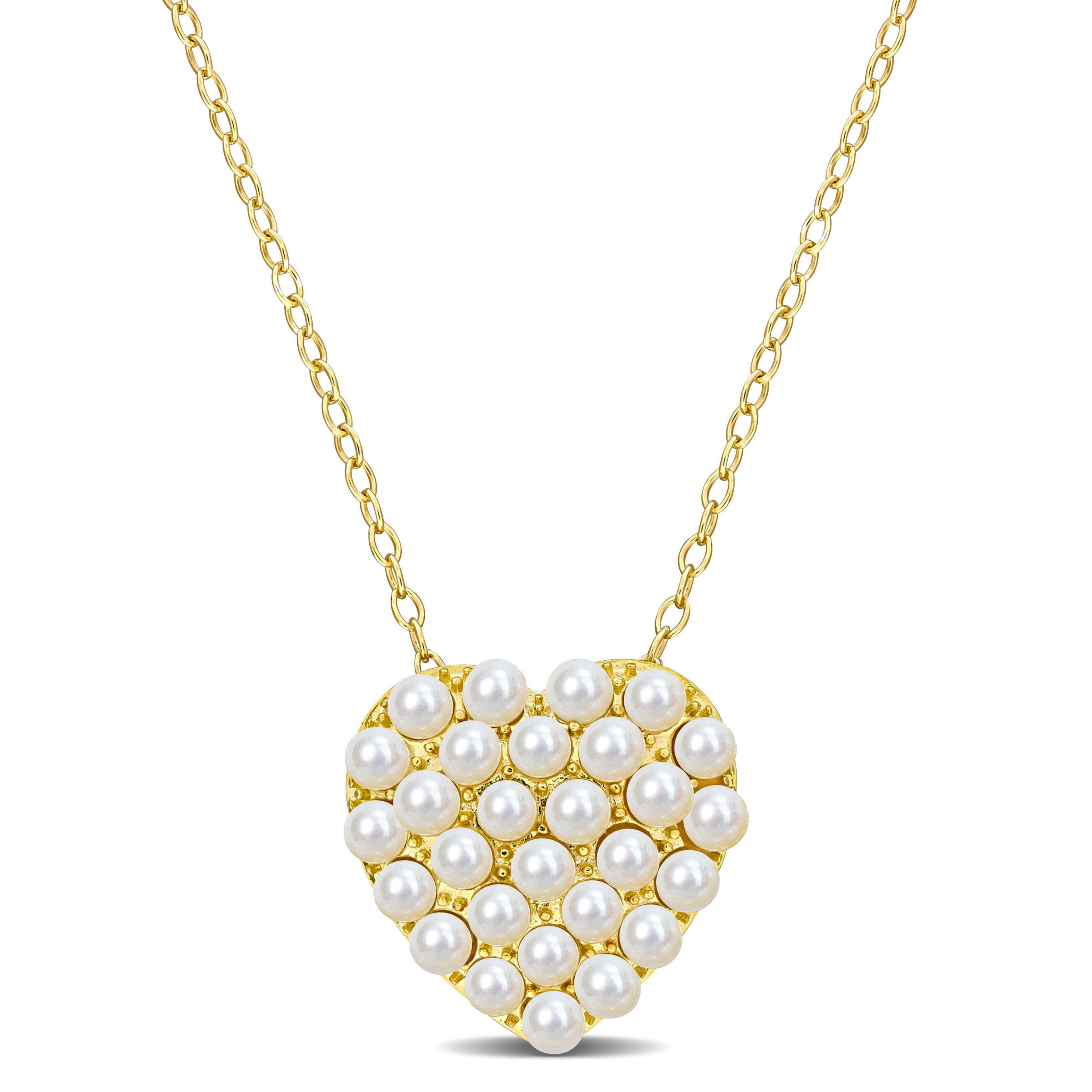 2-2.5mm Freshwater Cultured Pearl Trendy Heart Pendant with Chain in Yellow Plated Sterling Silver