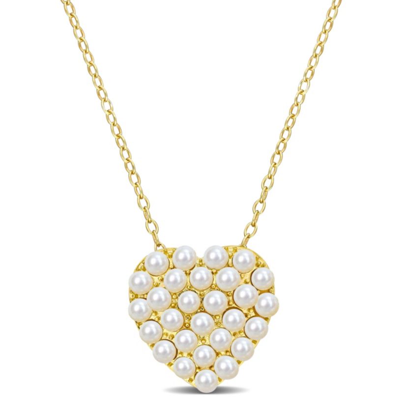 2-2.5mm Freshwater Cultured Pearl Trendy Heart Pendant with Chain in Yellow Plated Sterling Silver