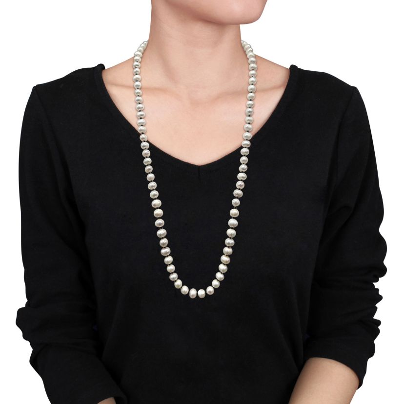 7-8mm Freshwater Cultured Pearl and Black Spinel Beads Endless Necklace