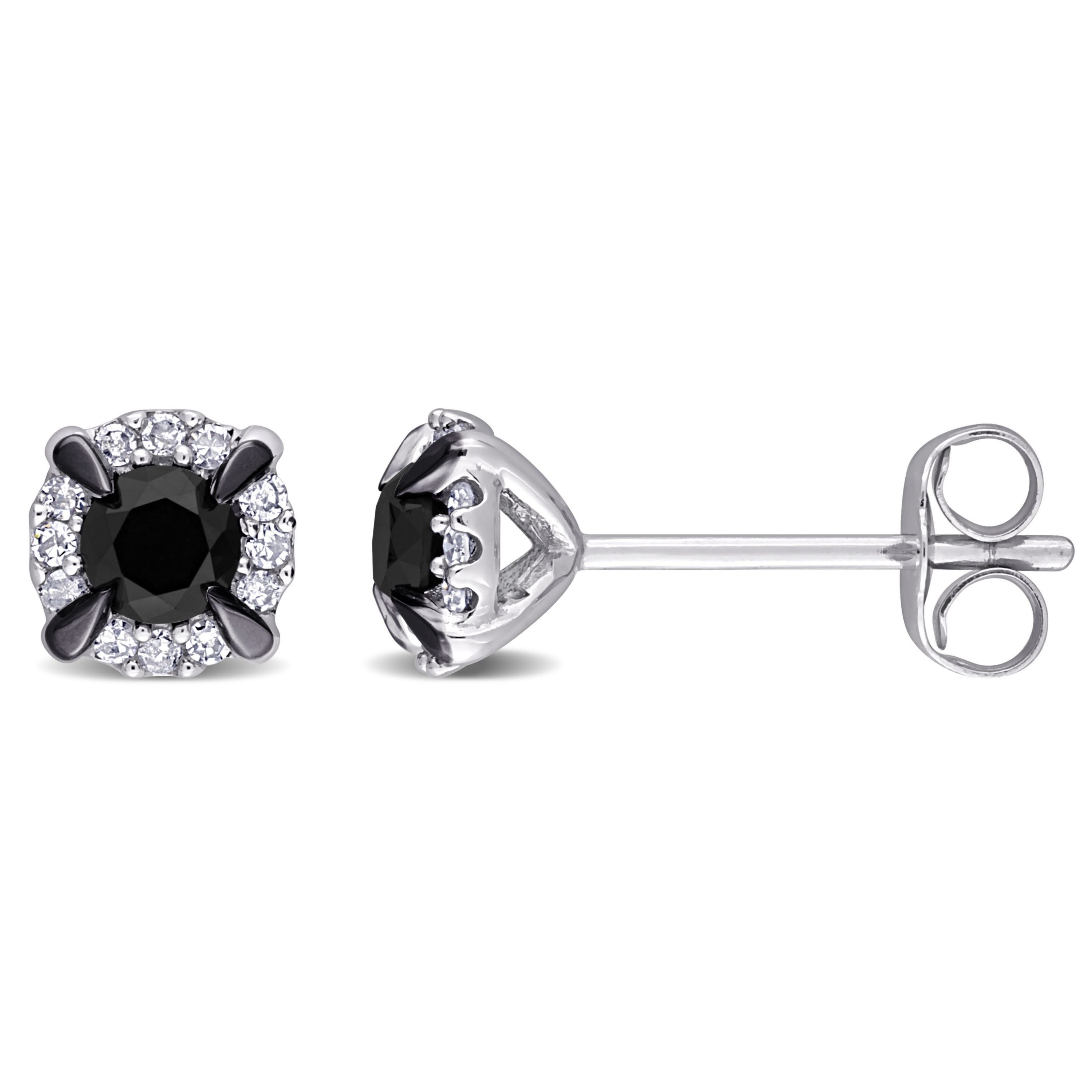1/2 ct. t.w. Black and White Diamond Halo Stud Earrings in 10K White Gold with Black Rhodium Plated