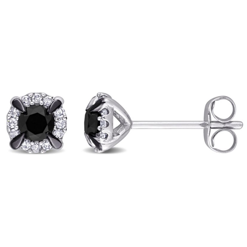 1/2 ct. t.w. Black and White Diamond Halo Stud Earrings in 10K White Gold with Black Rhodium Plated