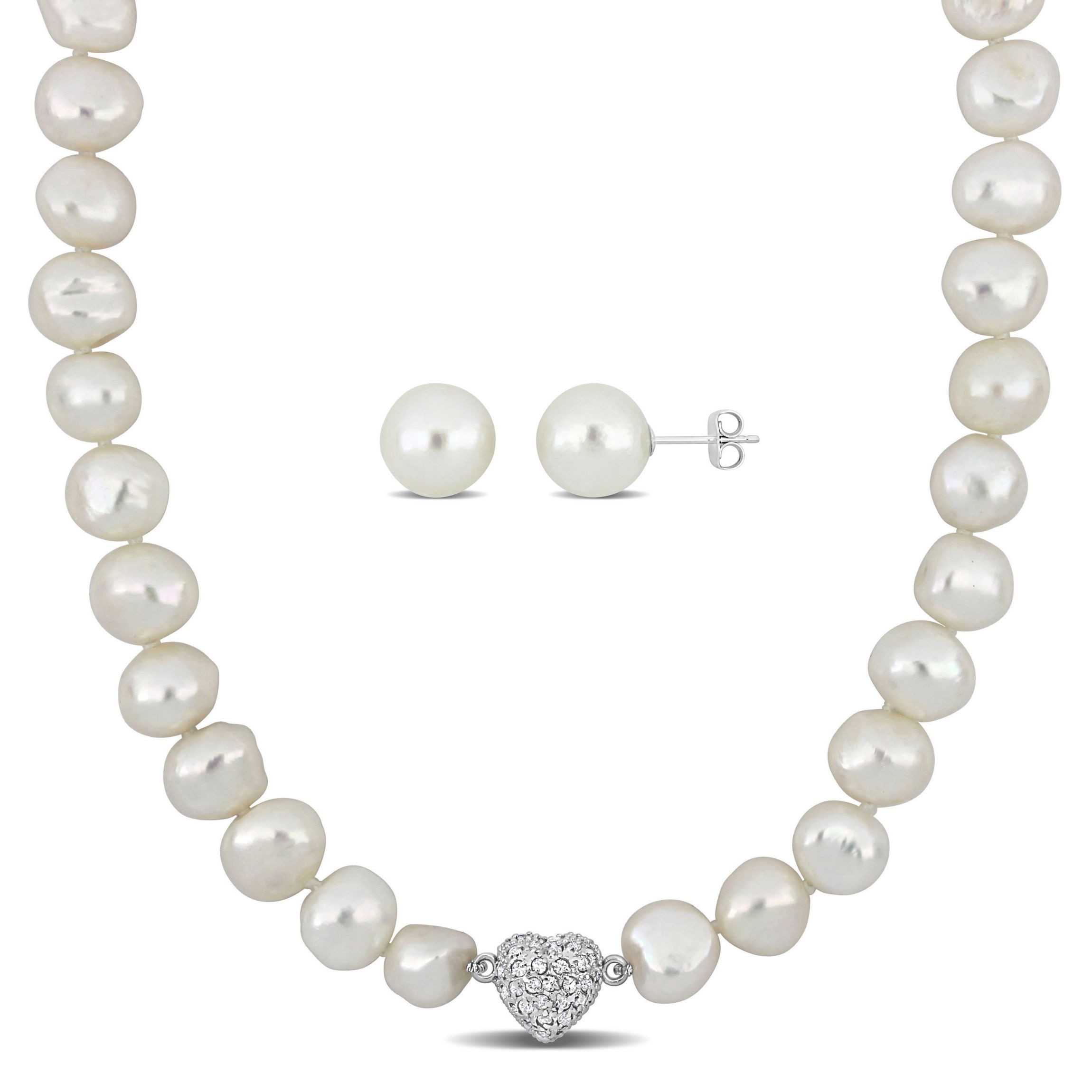2-Pcs Set of 11-12MM Freshwater Cultured Pearl Necklace and Stud Earrings in Sterling Silver