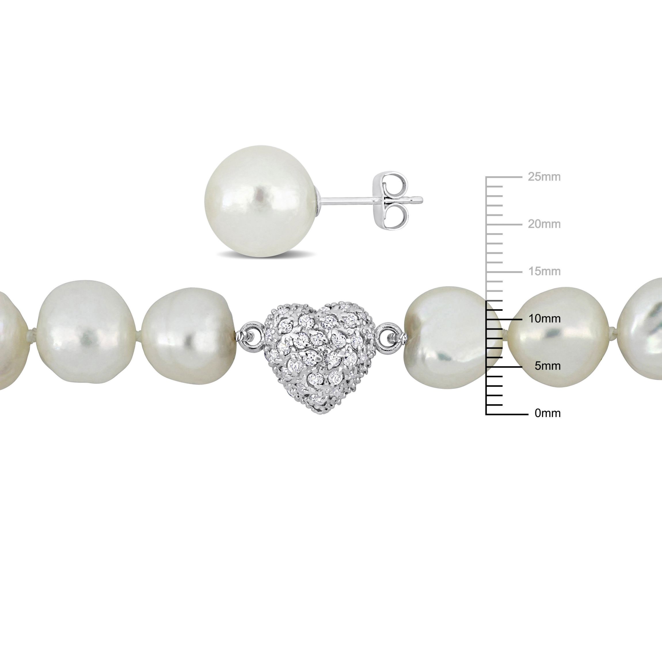 2-Pcs Set of 11-12MM Freshwater Cultured Pearl Necklace and Stud Earrings in Sterling Silver