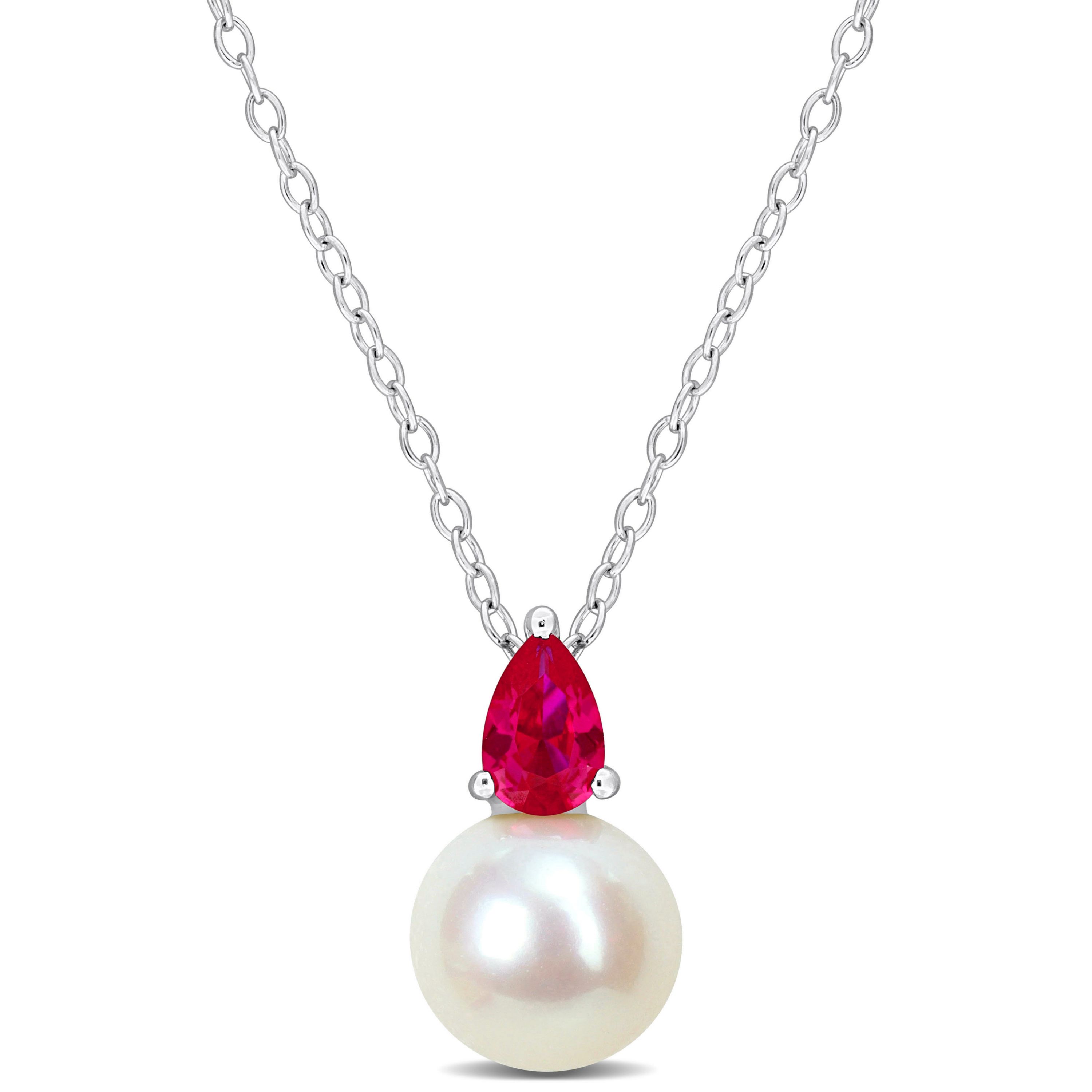 Lab Created 8.5-9MM Freshwater Cultured Pearl and Created Ruby Pendant with Chain in Sterling Silver