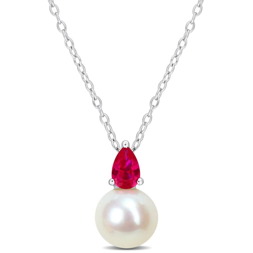 Lab Created 8.5-9MM Freshwater Cultured Pearl and Created Ruby Pendant with Chain in Sterling Silver