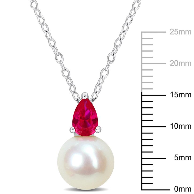 Lab Created 8.5-9MM Freshwater Cultured Pearl and Created Ruby Pendant with Chain in Sterling Silver