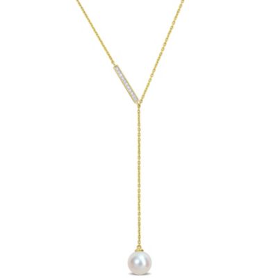 Belk & Co 8-8.5MM Freshwater Cultured Pearl and Diamondd Accent Lariat Necklace in 10K Yellow Gold