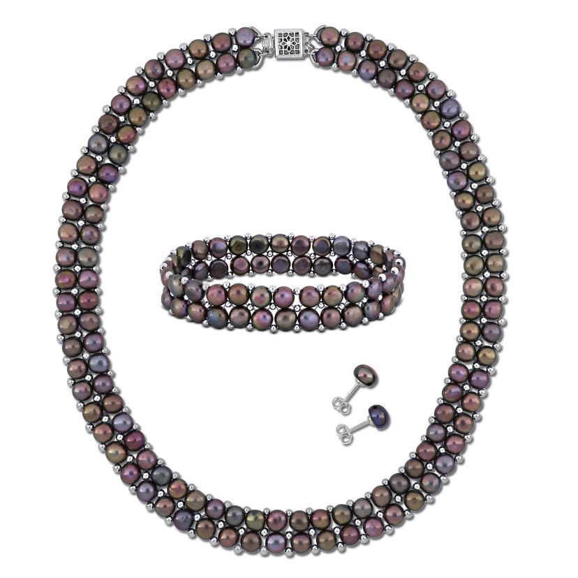 3-Pcs Set of 6-8MM Black Freshwater Cultured Pearl Double Strand Neckalce, Bracelet and Stud Earrings in Sterling Silver