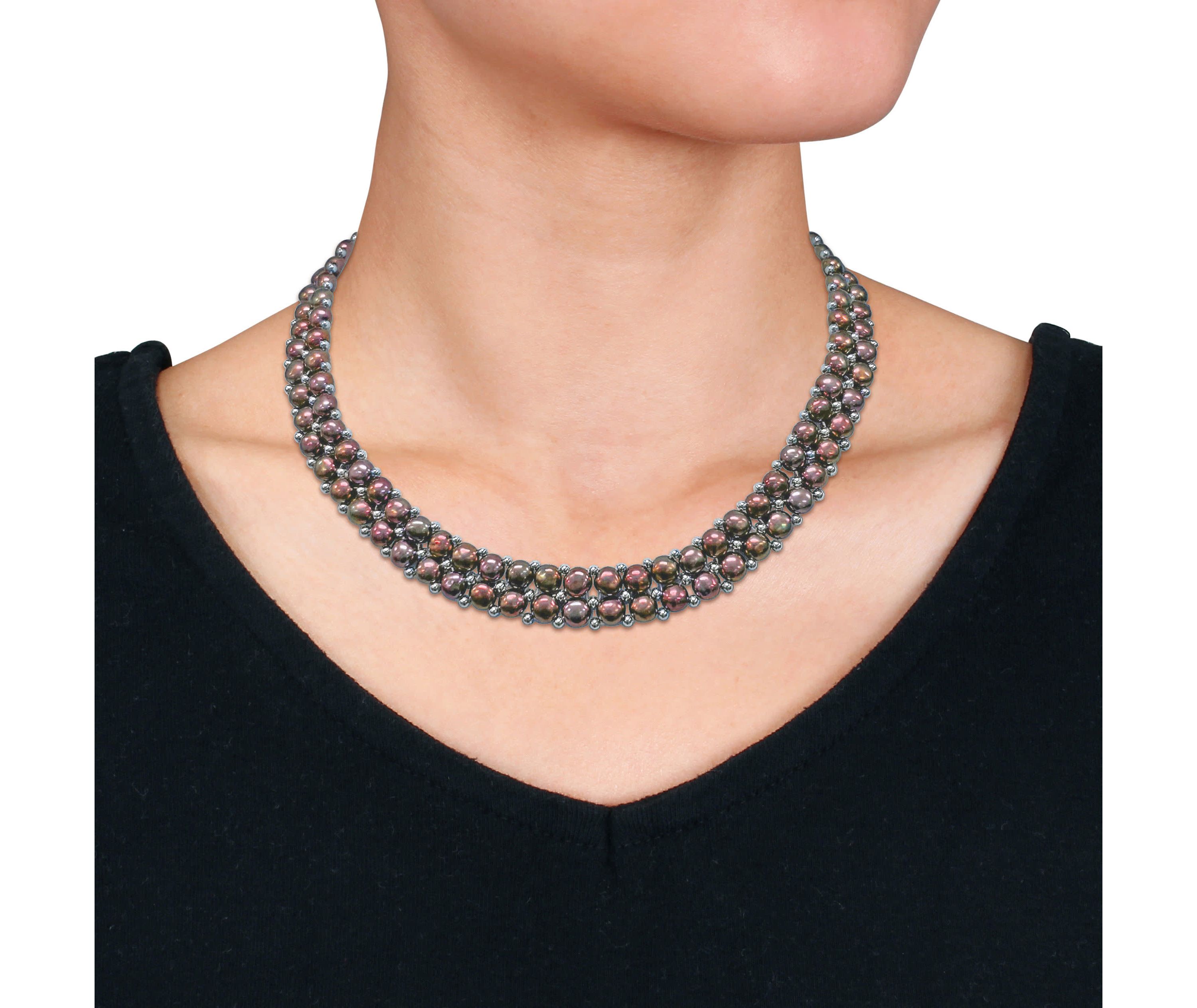 3-Pcs Set of 6-8MM Black Freshwater Cultured Pearl Double Strand Neckalce, Bracelet and Stud Earrings in Sterling Silver