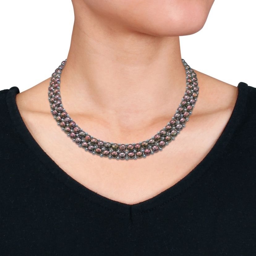 3-Pcs Set of 6-8MM Black Freshwater Cultured Pearl Double Strand Neckalce, Bracelet and Stud Earrings in Sterling Silver
