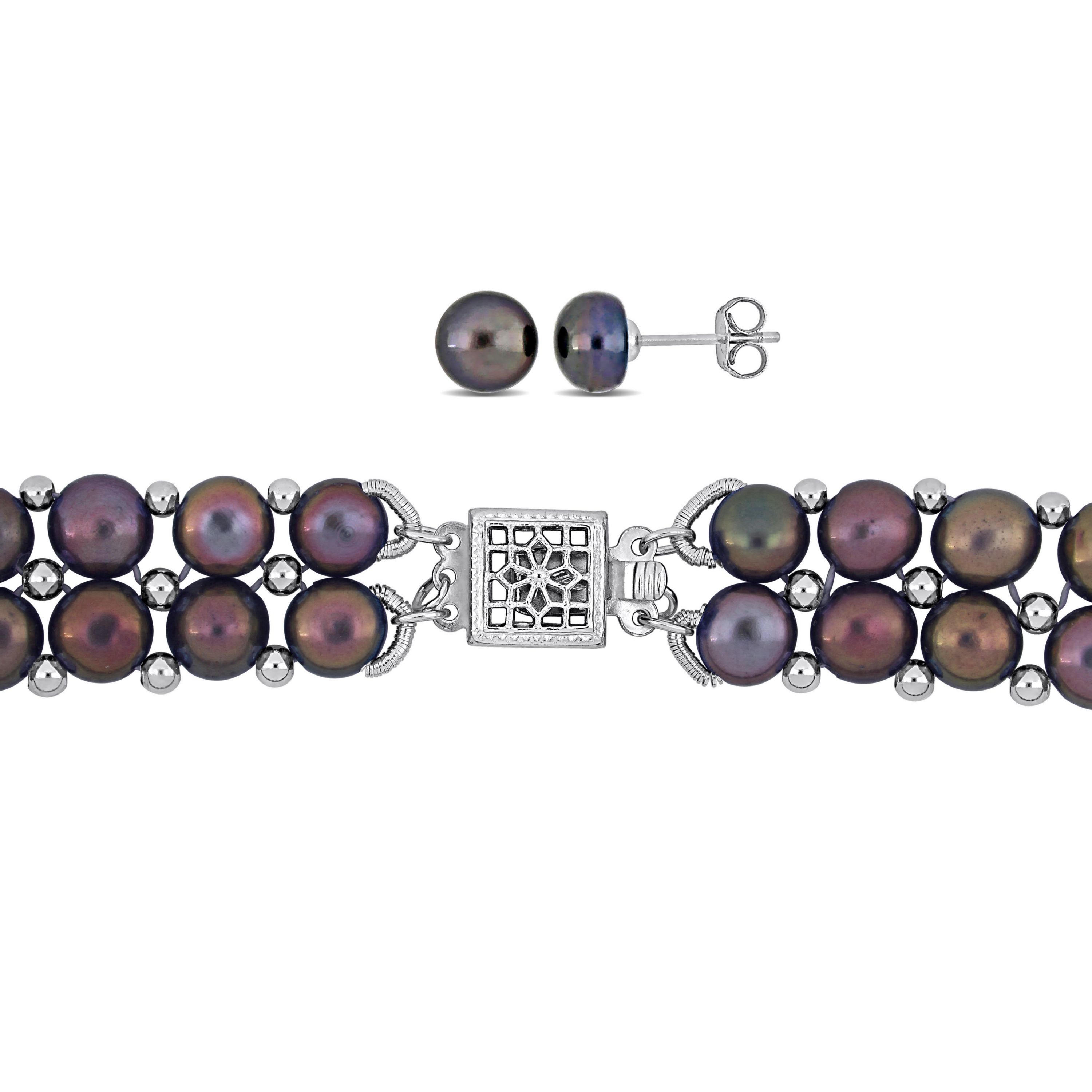3-Pcs Set of 6-8MM Black Freshwater Cultured Pearl Double Strand Neckalce, Bracelet and Stud Earrings in Sterling Silver
