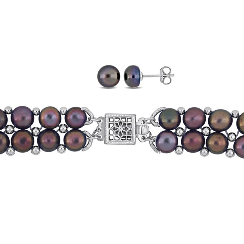 3-Pcs Set of 6-8MM Black Freshwater Cultured Pearl Double Strand Neckalce, Bracelet and Stud Earrings in Sterling Silver