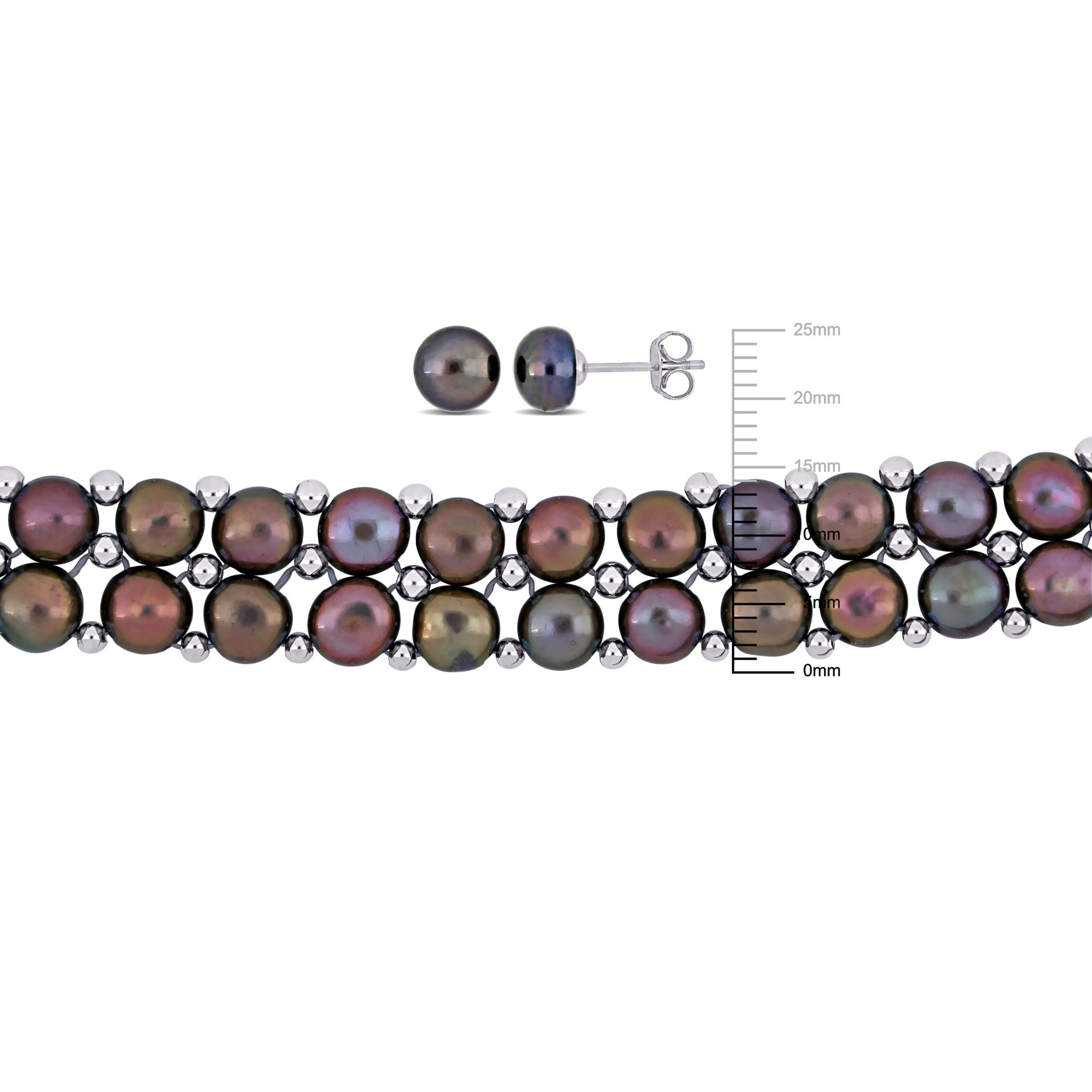 3-Pcs Set of 6-8MM Black Freshwater Cultured Pearl Double Strand Neckalce, Bracelet and Stud Earrings in Sterling Silver