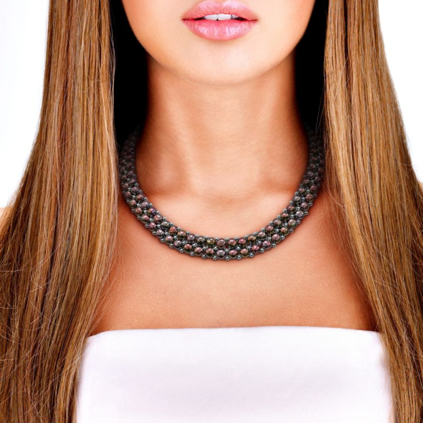 3-Pcs Set of 6-8MM Black Freshwater Cultured Pearl Double Strand Neckalce, Bracelet and Stud Earrings in Sterling Silver