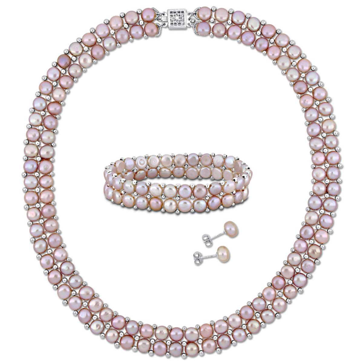 3-Pcs Set of 6-8MM Pink Freshwater Culuted Pearl Double Strand Necklace, Bracelet and Stud Earrings in Sterling Silver