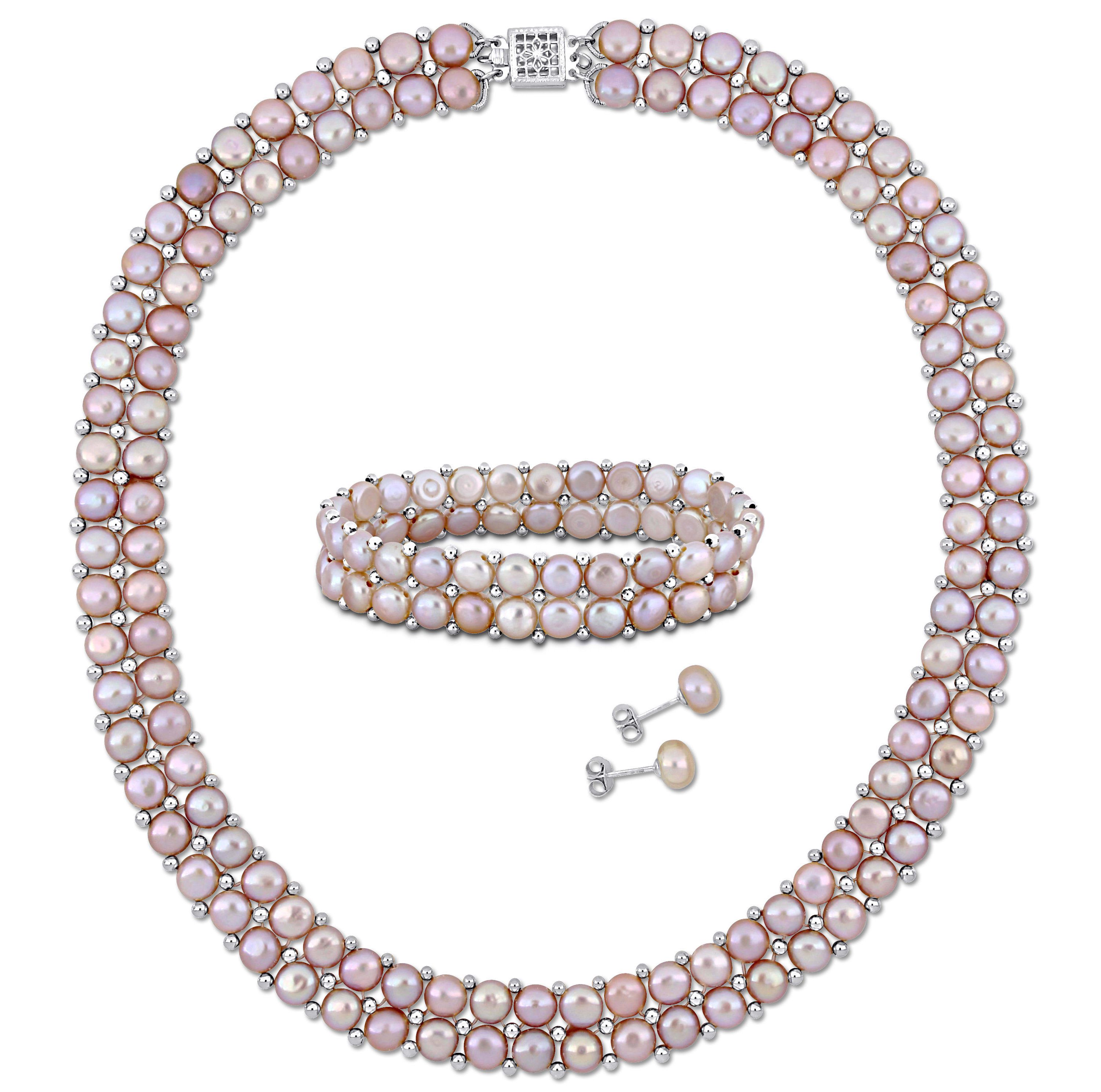 3-Pcs Set of 6-8MM Pink Freshwater Culuted Pearl Double Strand Necklace, Bracelet and Stud Earrings in Sterling Silver