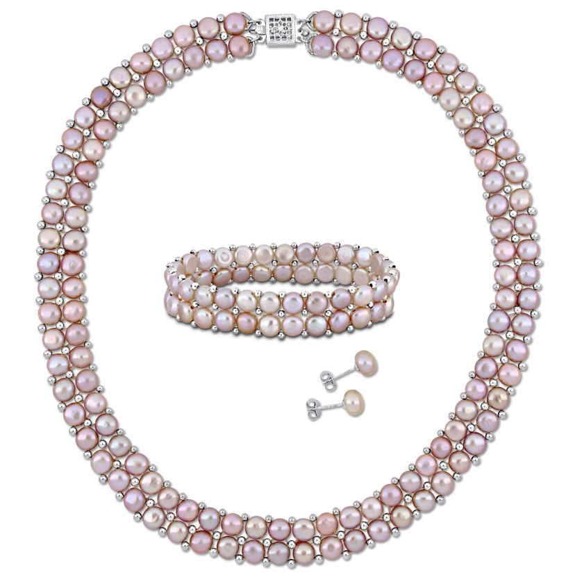 3-Pcs Set of 6-8MM Pink Freshwater Culuted Pearl Double Strand Necklace, Bracelet and Stud Earrings in Sterling Silver