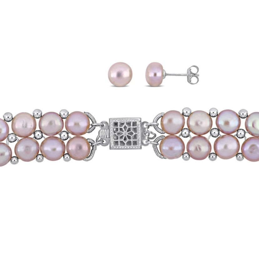 3-Pcs Set of 6-8MM Pink Freshwater Culuted Pearl Double Strand Necklace, Bracelet and Stud Earrings in Sterling Silver