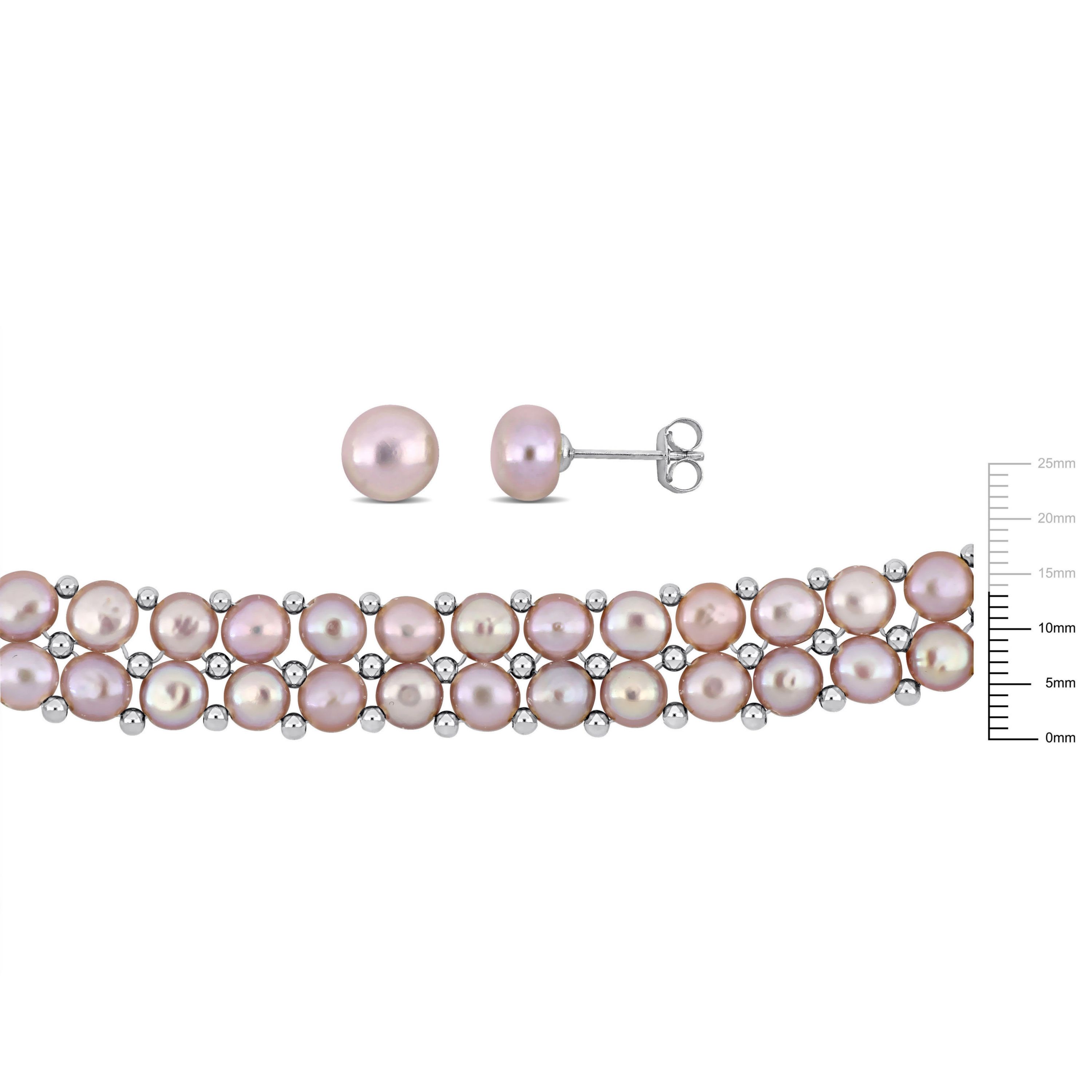 3-Pcs Set of 6-8MM Pink Freshwater Culuted Pearl Double Strand Necklace, Bracelet and Stud Earrings in Sterling Silver