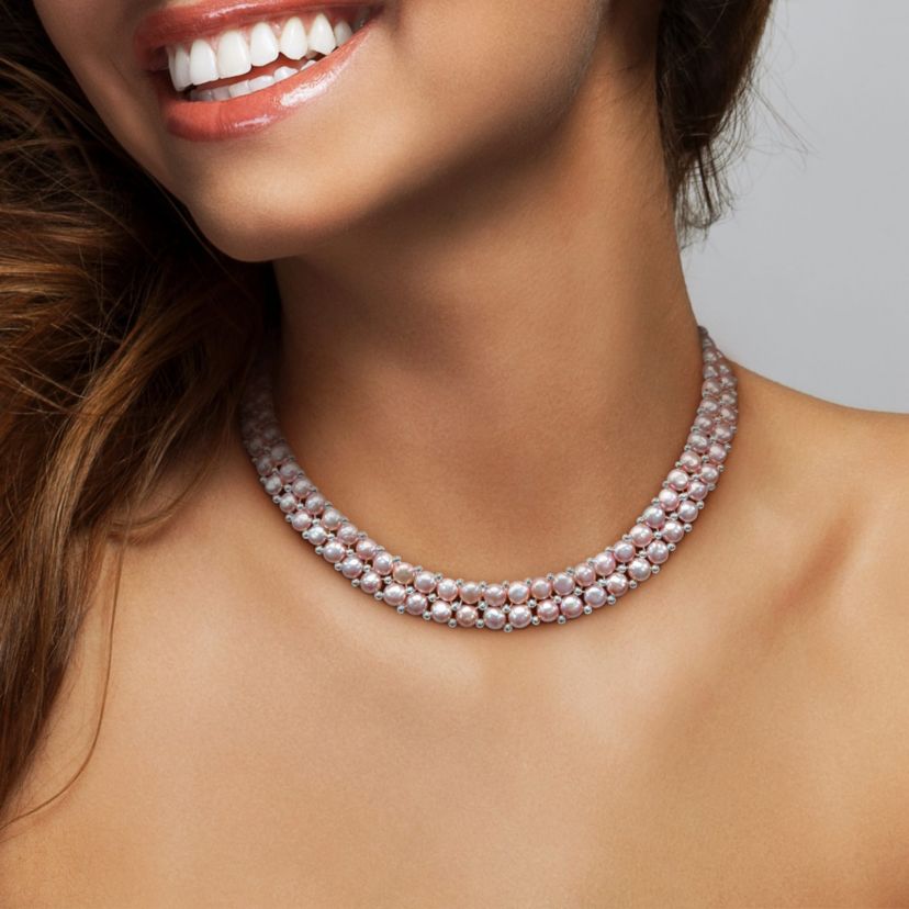 3-Pcs Set of 6-8MM Pink Freshwater Culuted Pearl Double Strand Necklace, Bracelet and Stud Earrings in Sterling Silver