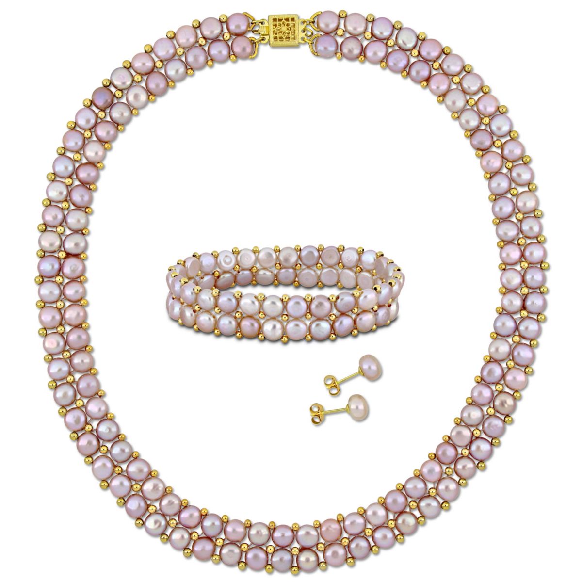 3-Pcs Set of 6-8MM Pink Freshwater Culuted Pearl Double Strand Necklace, Bracelet and Stud Earrings in Yellow Plated Sterling Silver