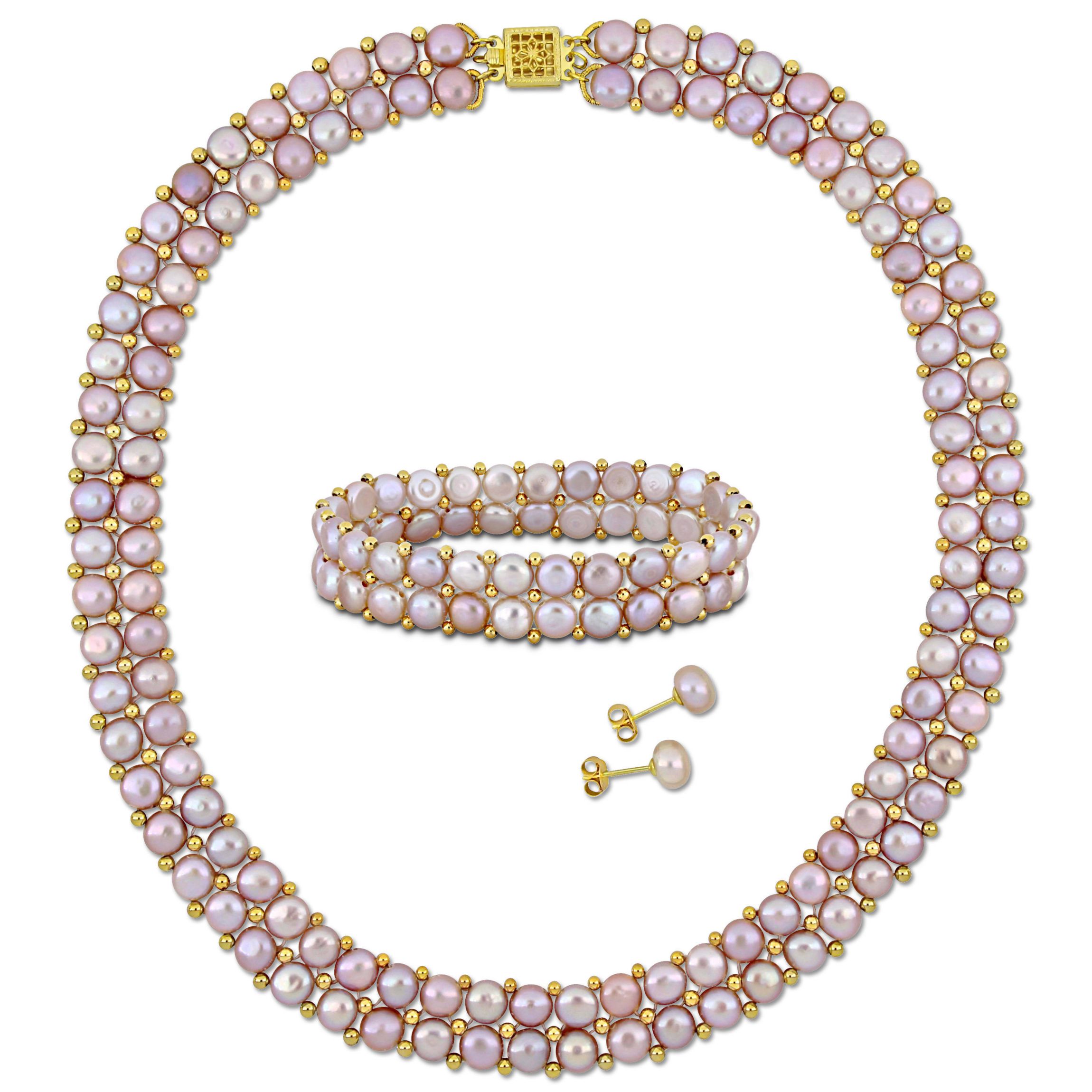 3-Pcs Set of 6-8MM Pink Freshwater Culuted Pearl Double Strand Necklace, Bracelet and Stud Earrings in Yellow Plated Sterling Silver