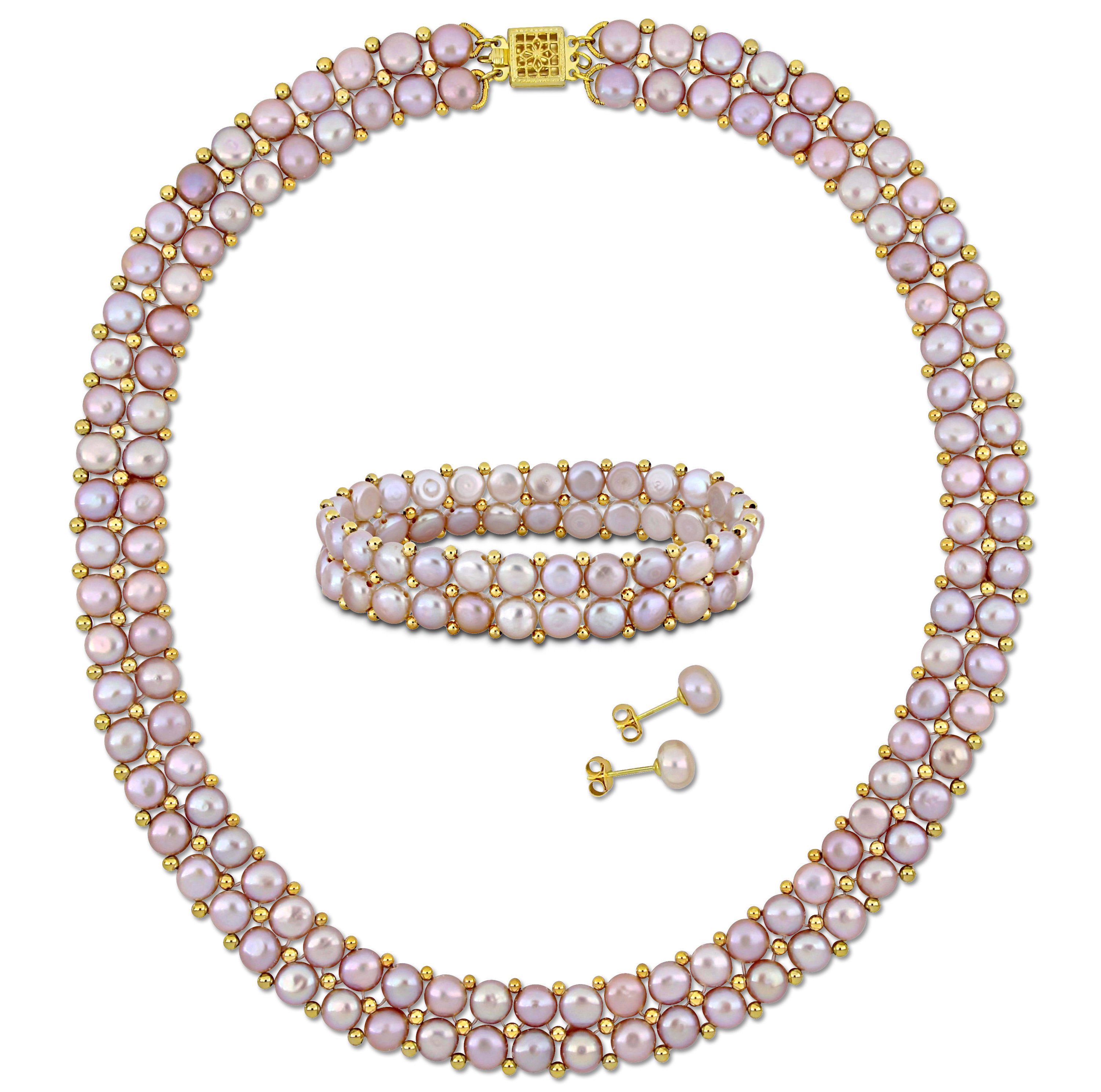 3-Pcs Set of 6-8MM Pink Freshwater Culuted Pearl Double Strand Necklace, Bracelet and Stud Earrings in Yellow Plated Sterling Silver