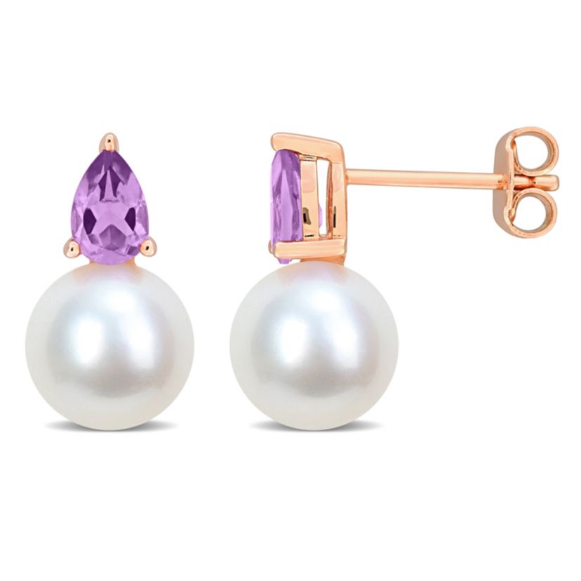 8.5-9MM Freshwater Cultured Pearl and Amethyst Earrings in Rose Plated Sterling Silver