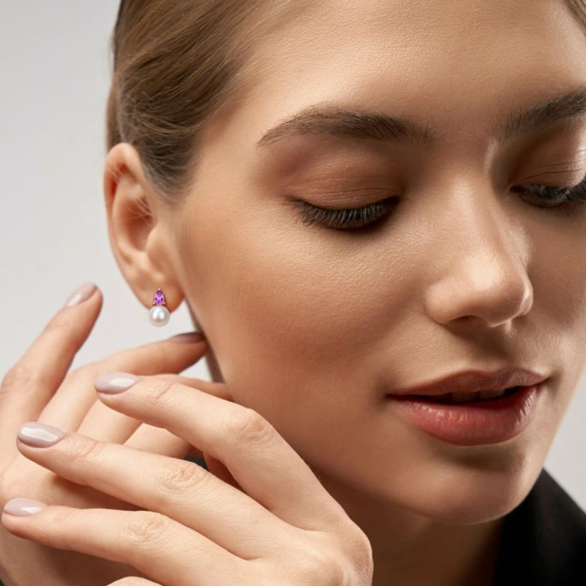8.5-9MM Freshwater Cultured Pearl and Amethyst Earrings in Rose Plated Sterling Silver